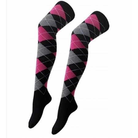 Thigh High Diamond Check Socks - Black With Pink & Grey Argyle