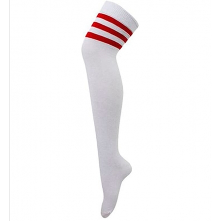 White Thigh High Socks With Red Stripe